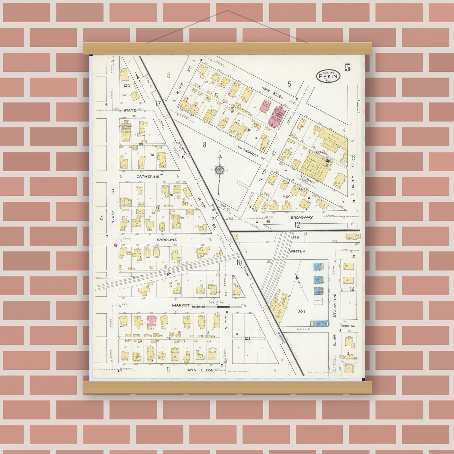 Old map wall art mockup — magnetic wood frame on brick wall — Sanborn Fire Insurance Map from Pekin, Tazewell County, Illinois (1916), Sheet #0005