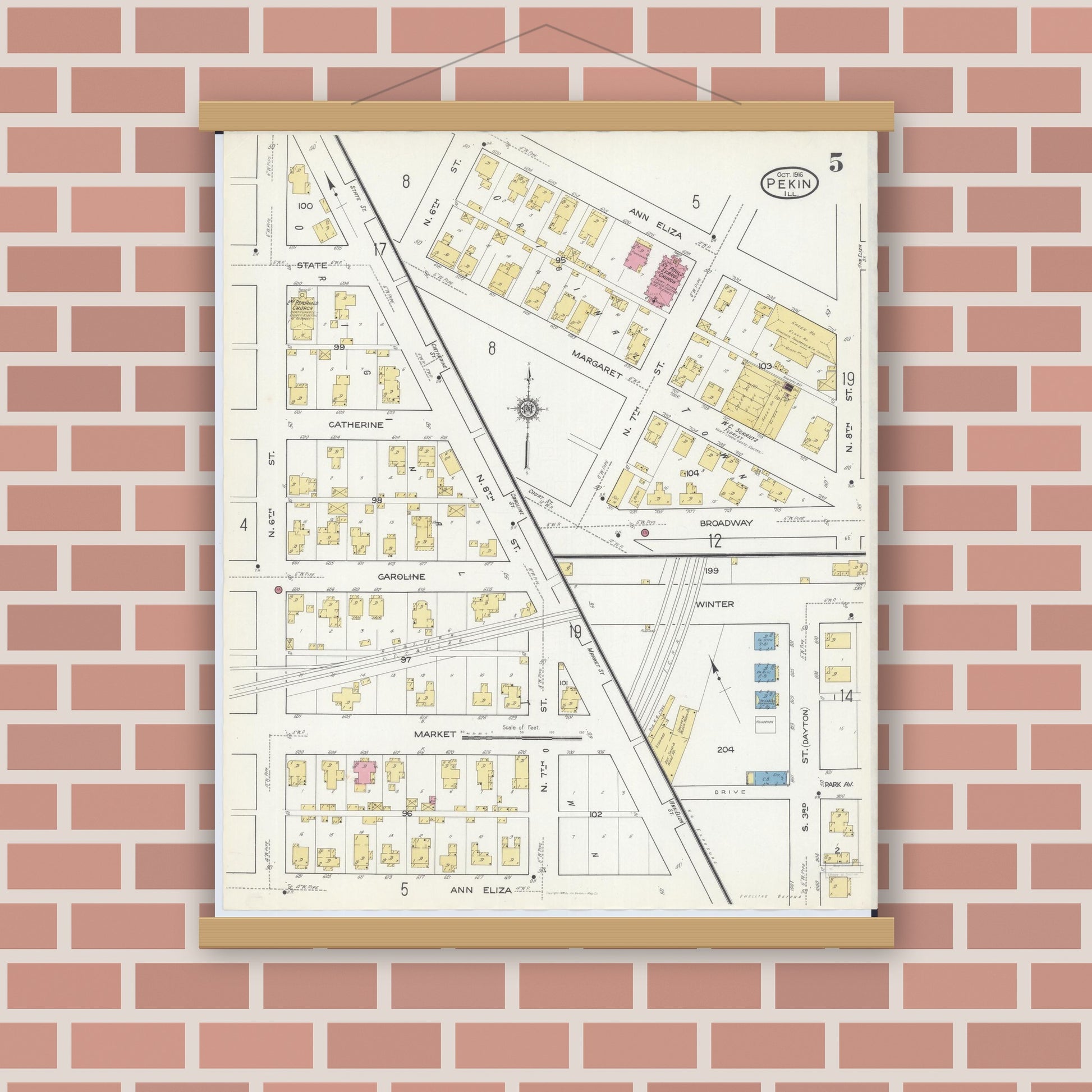 Old map wall art mockup — magnetic wood frame on brick wall — Sanborn Fire Insurance Map from Pekin, Tazewell County, Illinois (1916), Sheet #0005