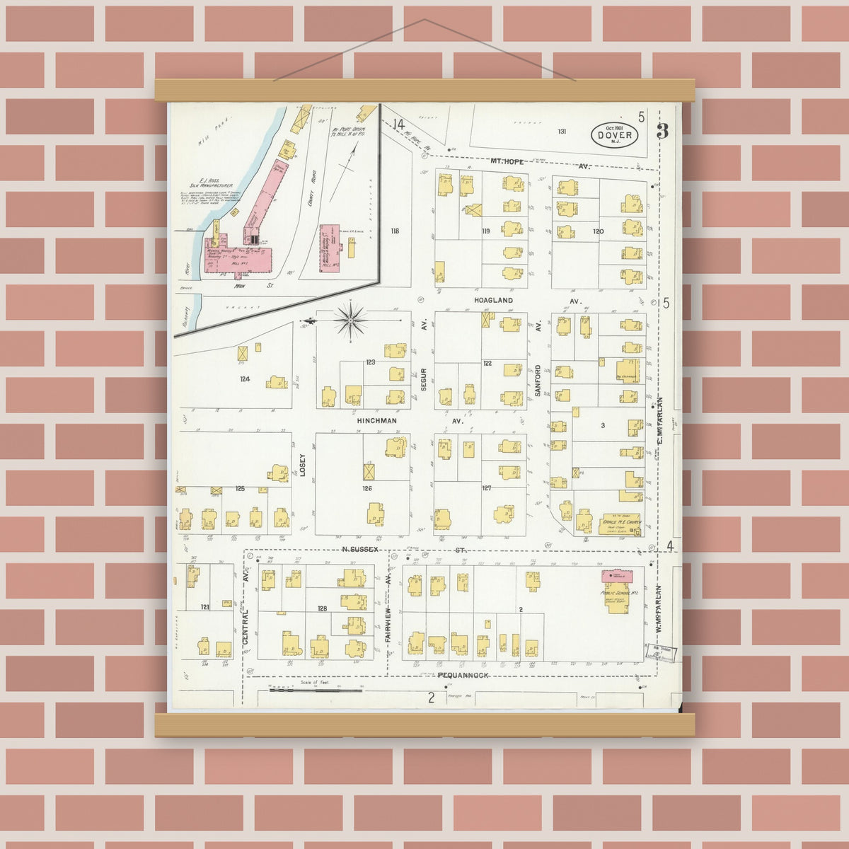 Old map wall art mockup — magnetic wood frame on brick wall — Sanborn Fire Insurance Map from Dover, Morris County, New Jersey (1900), Sheet #0003