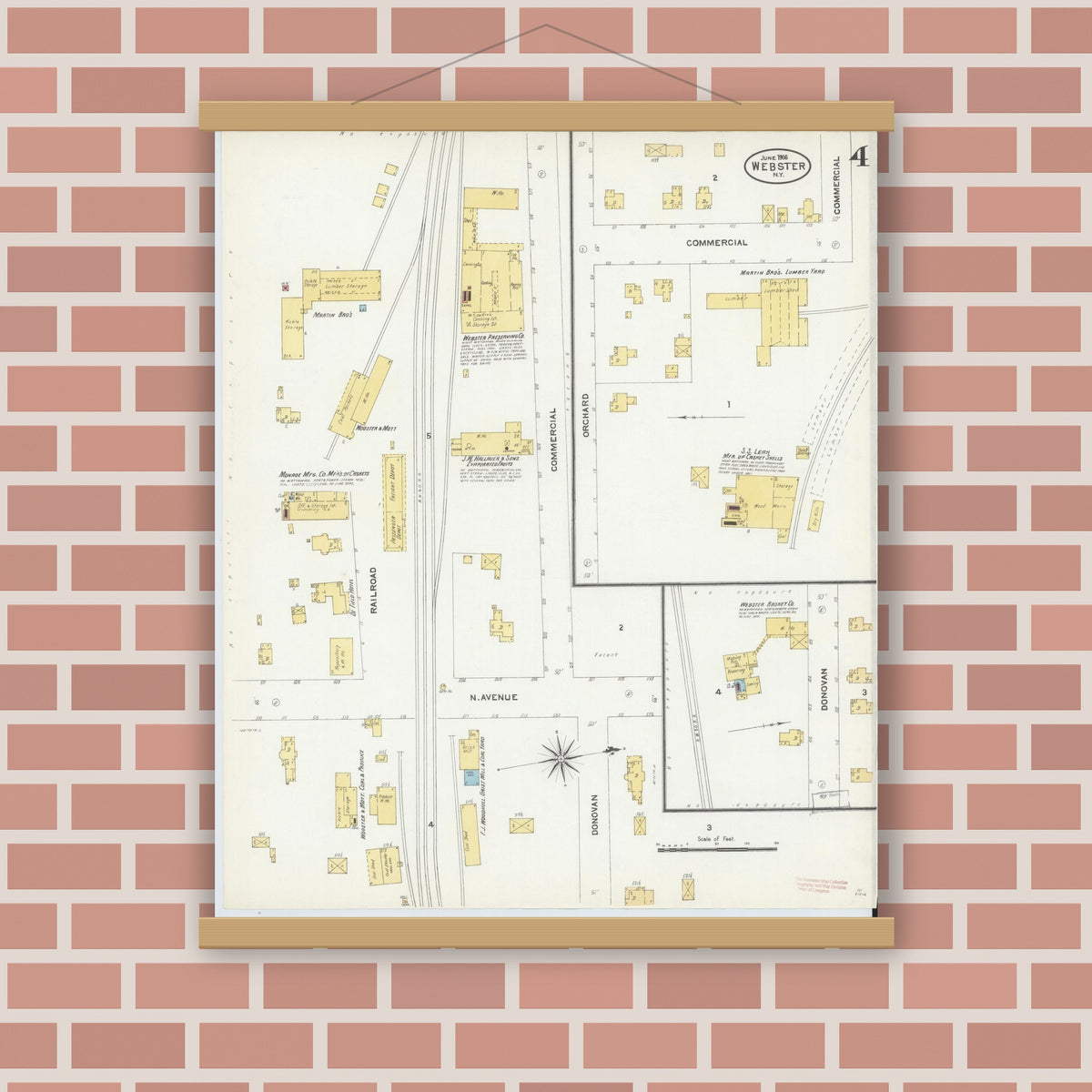 Old map wall art mockup — magnetic wood frame on brick wall — Sanborn Fire Insurance Map from Webster, Monroe County, New York (1906), Sheet #0004