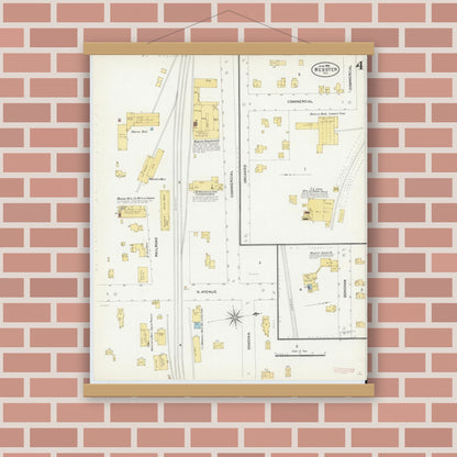 Old map wall art mockup — magnetic wood frame on brick wall — Sanborn Fire Insurance Map from Webster, Monroe County, New York (1906), Sheet #0004
