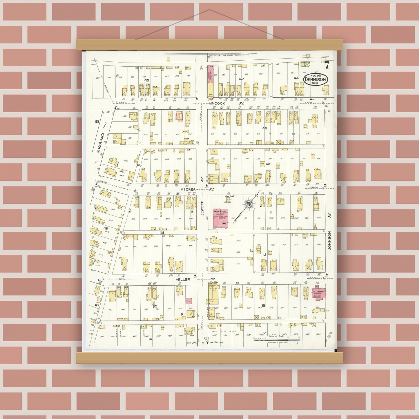 Old map wall art mockup — magnetic wood frame on brick wall — Sanborn Fire Insurance Map from Dennison, Tuscarawas County, Ohio (1921), Sheet #0007