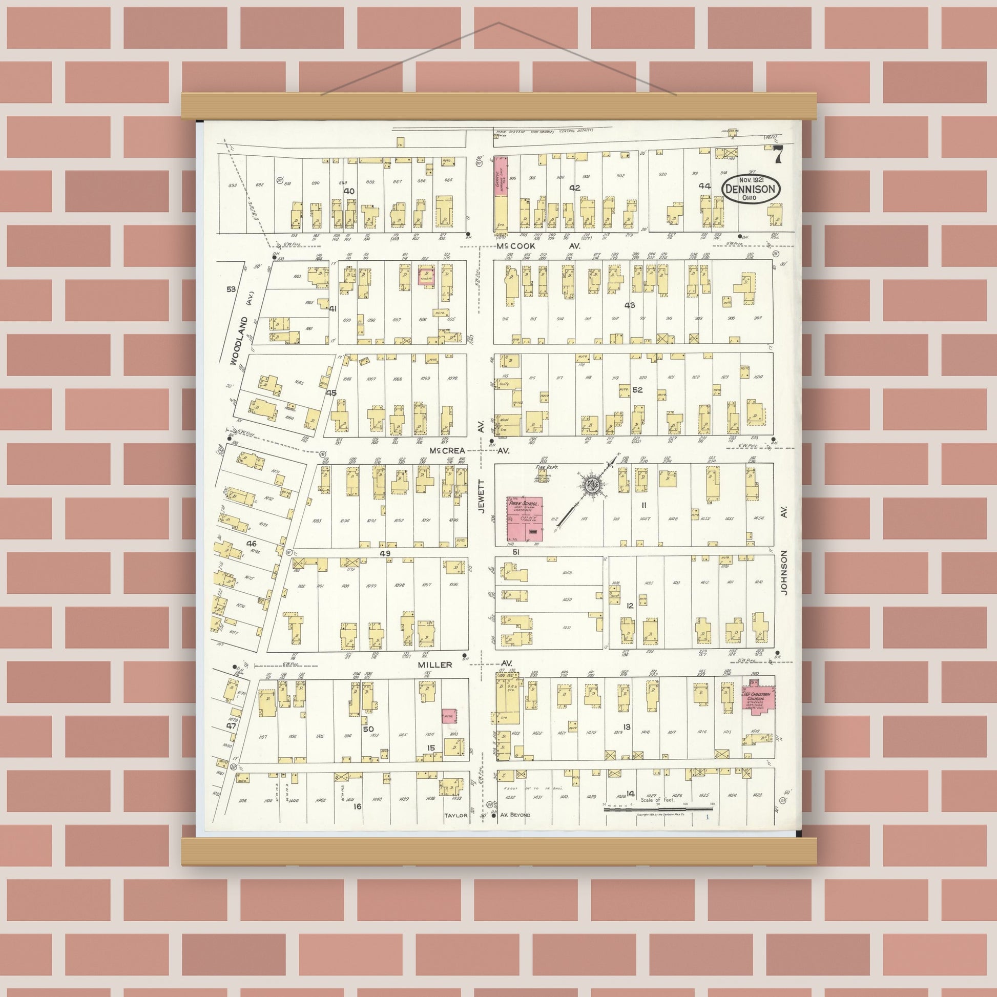 Old map wall art mockup — magnetic wood frame on brick wall — Sanborn Fire Insurance Map from Dennison, Tuscarawas County, Ohio (1921), Sheet #0007