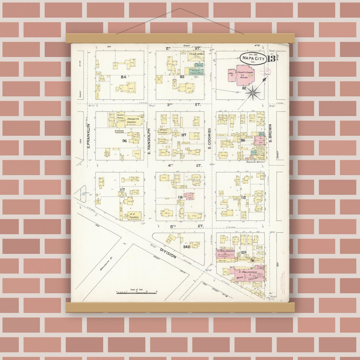 Old map wall art mockup — magnetic wood frame on brick wall — Sanborn Fire Insurance Map from Napa, Napa County, California (1891), Sheet #0013