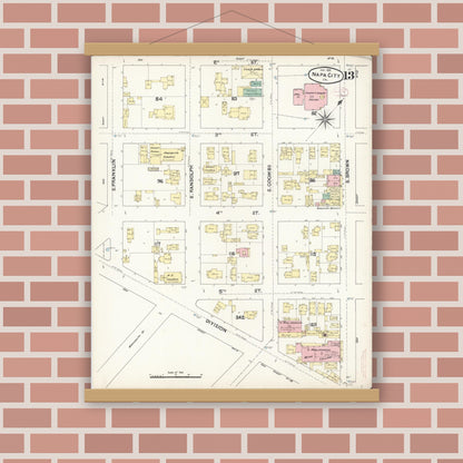 Old map wall art mockup — magnetic wood frame on brick wall — Sanborn Fire Insurance Map from Napa, Napa County, California (1891), Sheet #0013