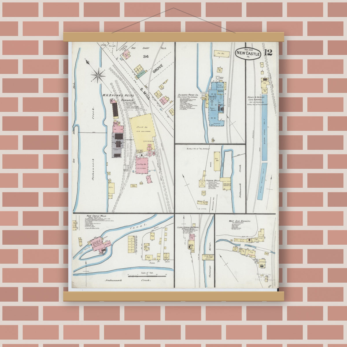 Old map wall art mockup — magnetic wood frame on brick wall — Sanborn Fire Insurance Map from New Castle, Lawrence County, Pennsylvania (1888), Sheet #0012