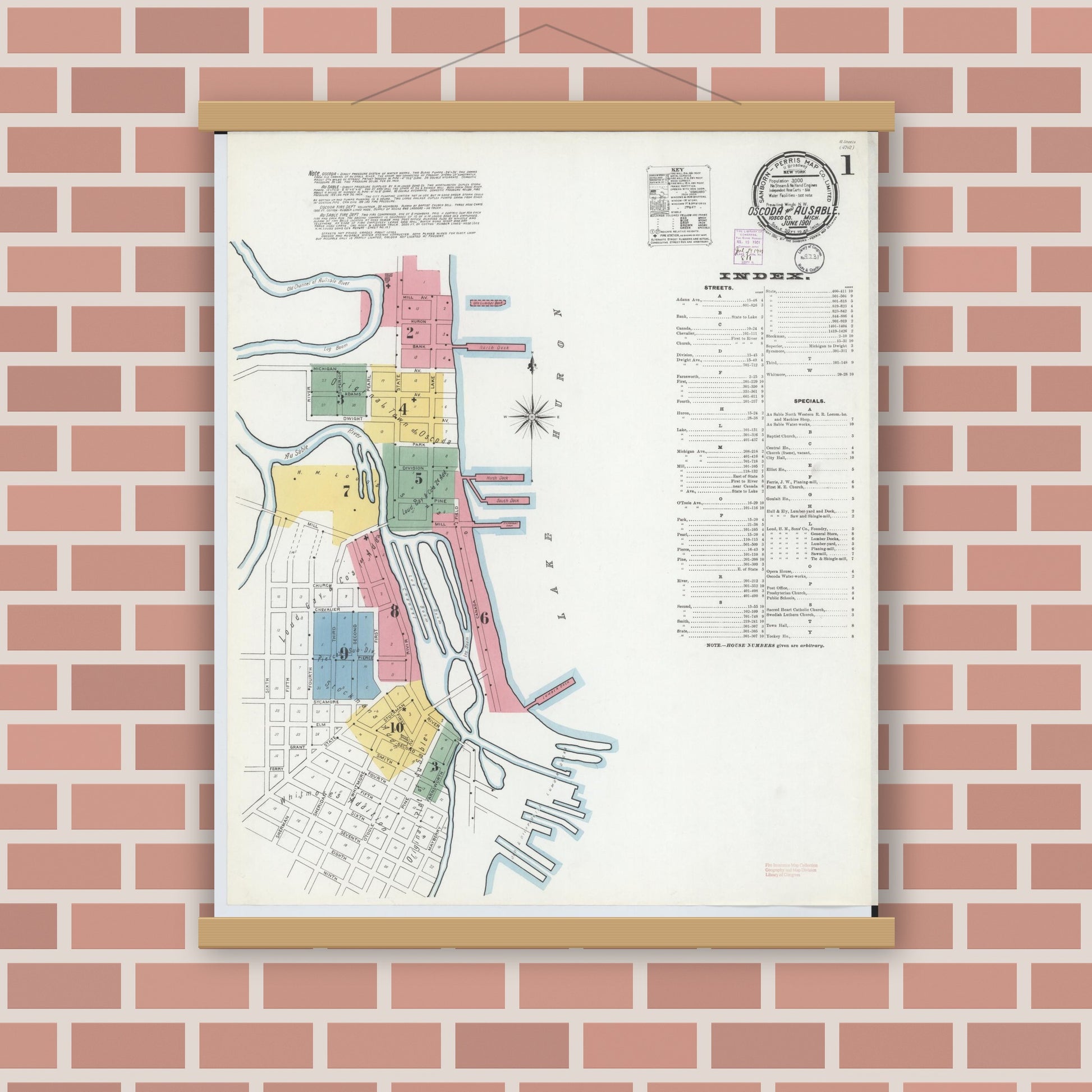 Old map wall art mockup — magnetic wood frame on brick wall — Sanborn Fire Insurance Map from Oscoda, Iosco County, Michigan (1901), Sheet #0001