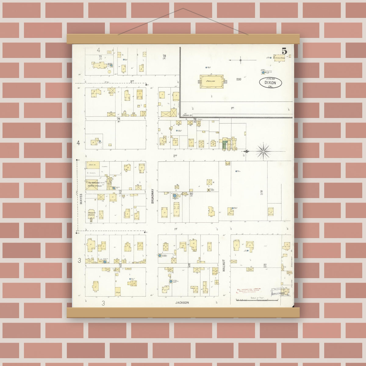 Old map wall art mockup — magnetic wood frame on brick wall — Sanborn Fire Insurance Map from Dixon, Solano County, California (1900), Sheet #0005