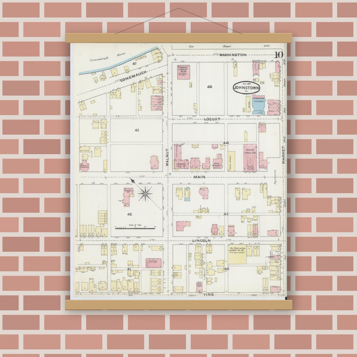 Old map wall art mockup — magnetic wood frame on brick wall — Sanborn Fire Insurance Map from Johnstown, Cambria County, Pennsylvania (1891), Sheet #0010
