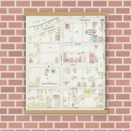 Old map wall art mockup — magnetic wood frame on brick wall — Sanborn Fire Insurance Map from Johnstown, Cambria County, Pennsylvania (1891), Sheet #0010