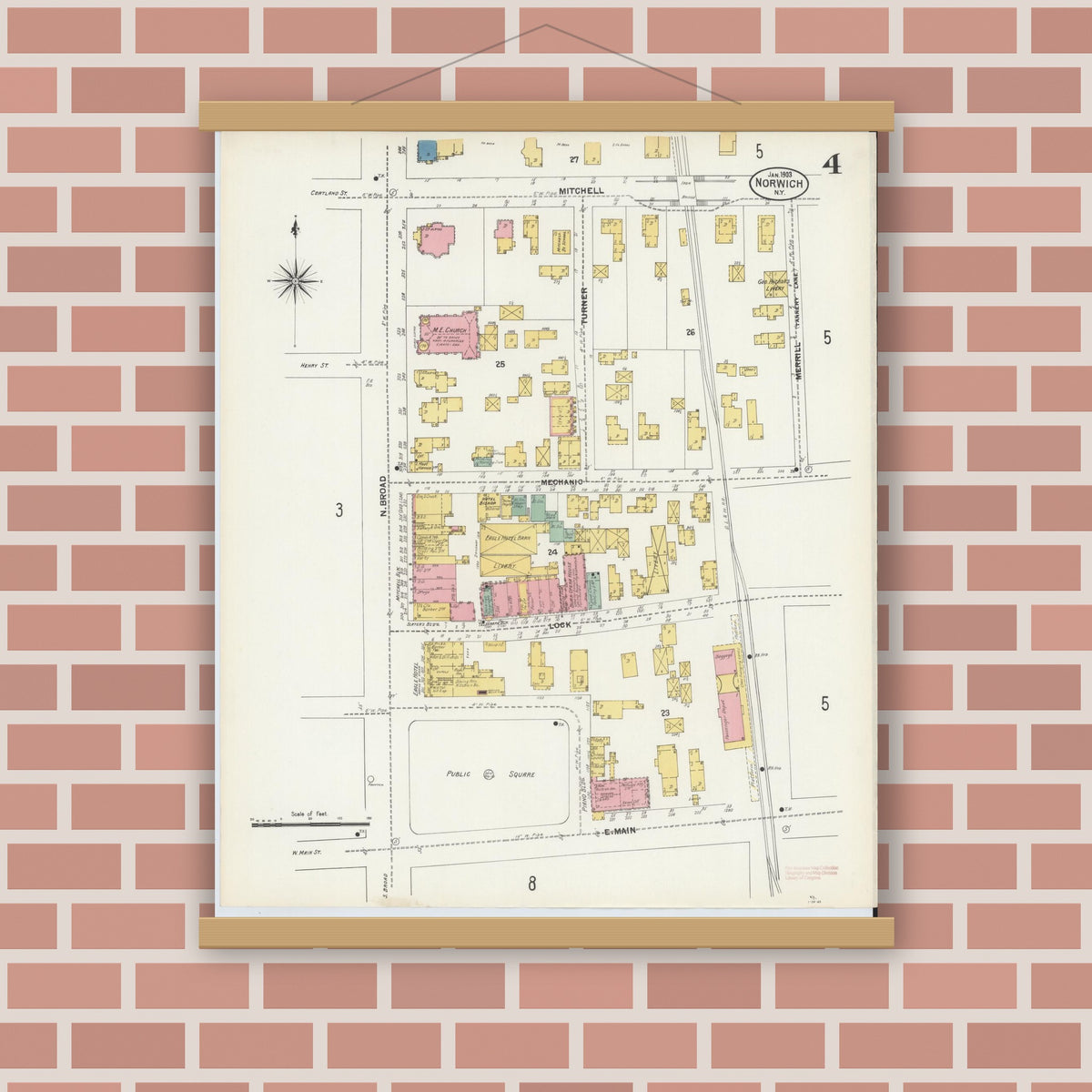 Old map wall art mockup — magnetic wood frame on brick wall — Sanborn Fire Insurance Map from Norwich, Chenango County, New York (1903), Sheet #0004