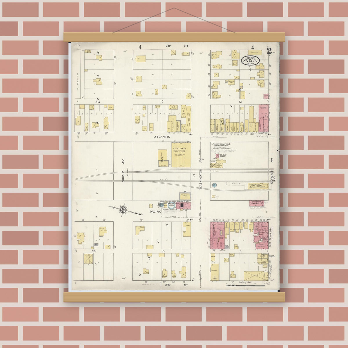 Old map wall art mockup — magnetic wood frame on brick wall — Sanborn Fire Insurance Map from Ada, Norman County, Minnesota (1916), Sheet #0002
