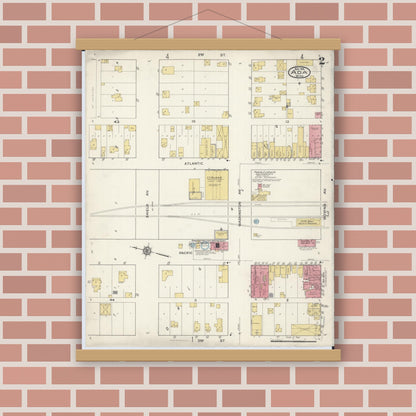 Old map wall art mockup — magnetic wood frame on brick wall — Sanborn Fire Insurance Map from Ada, Norman County, Minnesota (1916), Sheet #0002