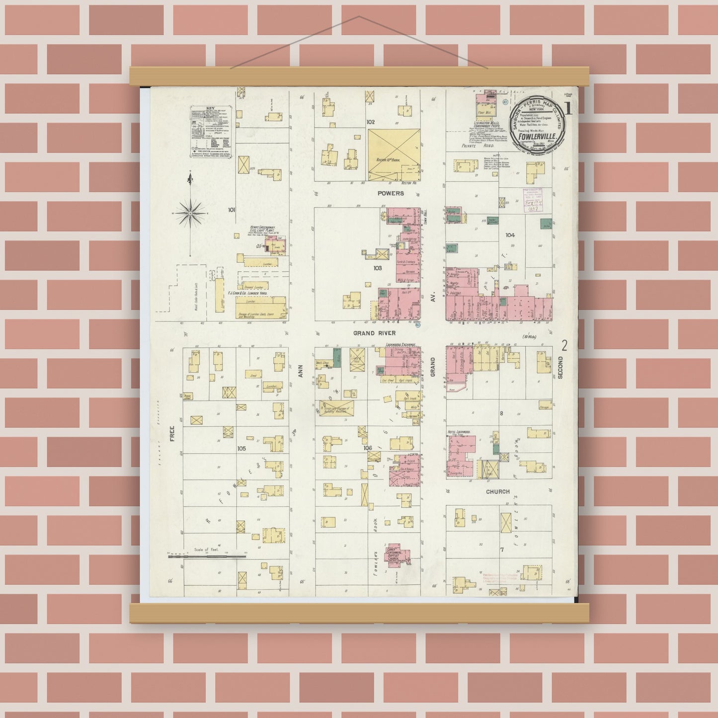 Old map wall art mockup — magnetic wood frame on brick wall — Sanborn Fire Insurance Map from Fowlerville, Livingston County, Michigan (1901) - Complete Map Set