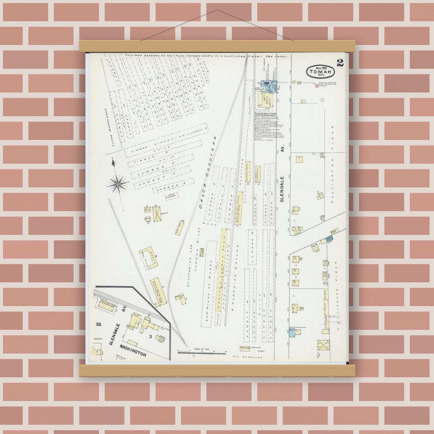 Old map wall art mockup — magnetic wood frame on brick wall — Sanborn Fire Insurance Map from Tomah, Monroe County, Wisconsin (1891), Sheet #0002