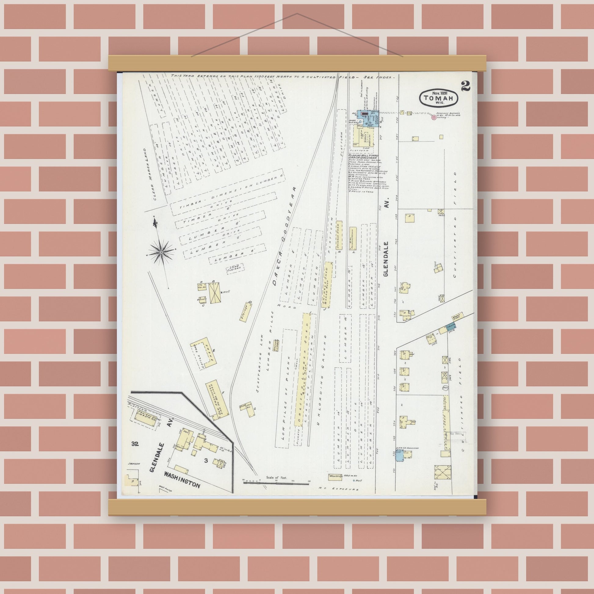 Old map wall art mockup — magnetic wood frame on brick wall — Sanborn Fire Insurance Map from Tomah, Monroe County, Wisconsin (1891), Sheet #0002