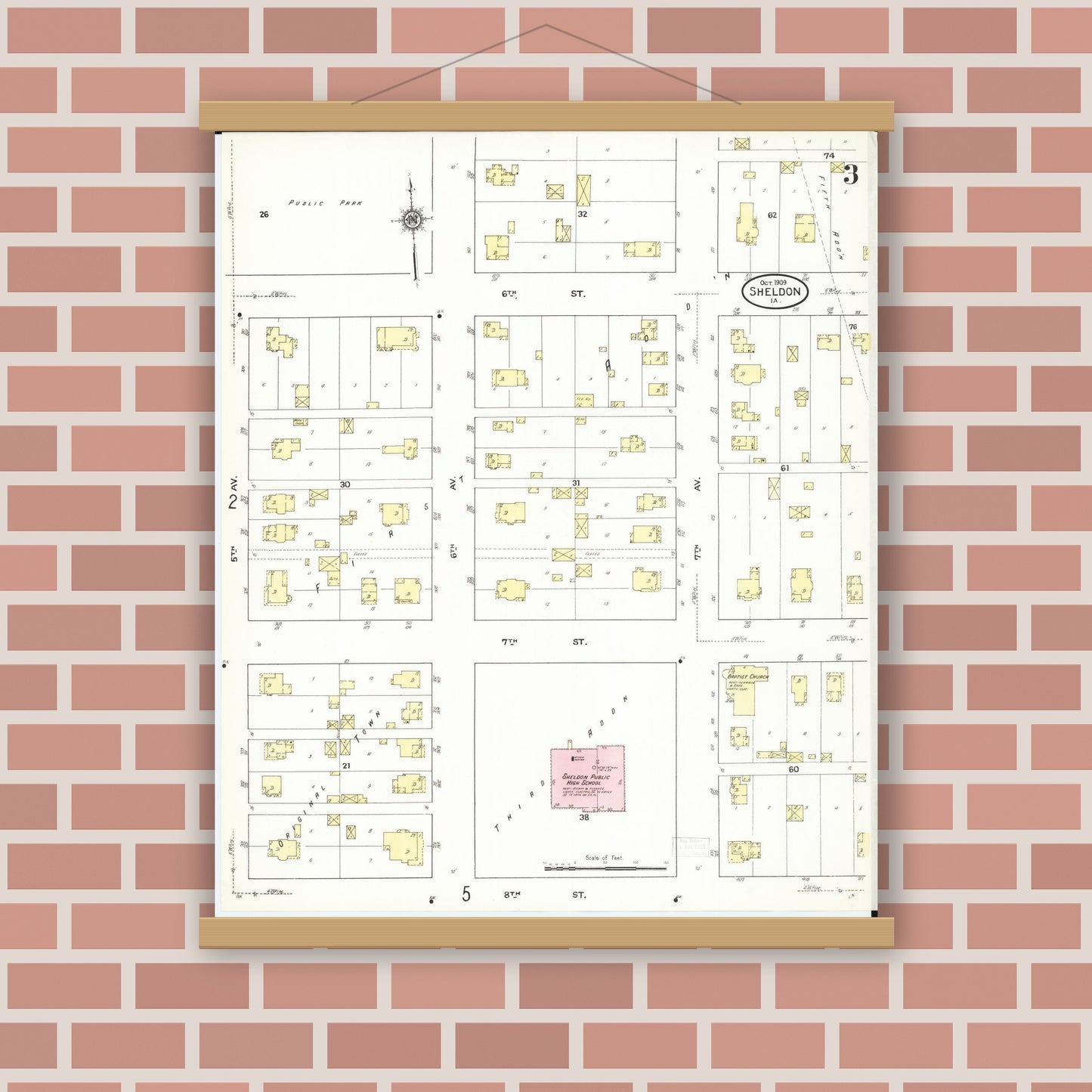 Old map wall art mockup — magnetic wood frame on brick wall — Sanborn Fire Insurance Map from Sheldon, O'Brien County, Iowa (1909), Sheet #0003