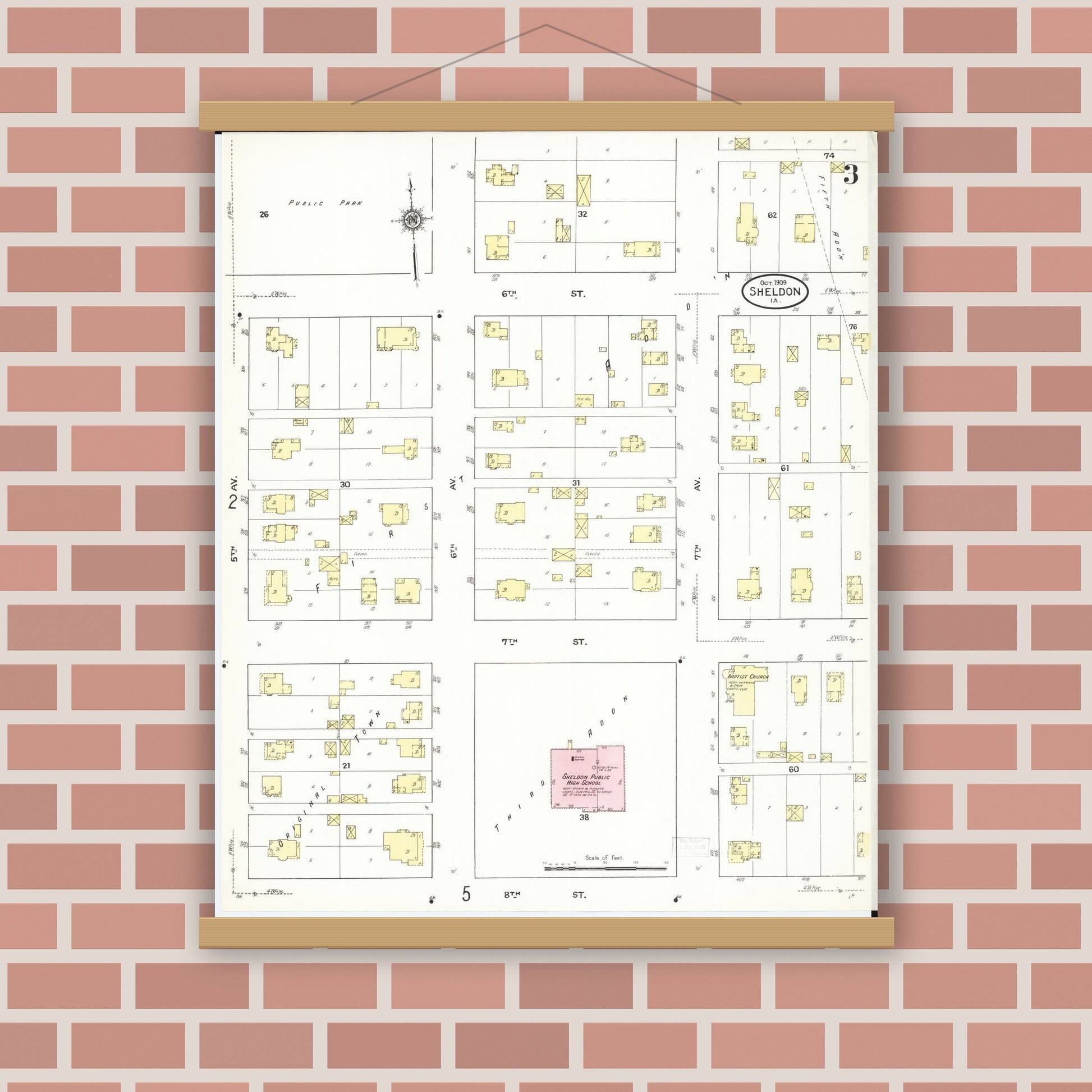 Old map wall art mockup — magnetic wood frame on brick wall — Sanborn Fire Insurance Map from Sheldon, O'Brien County, Iowa (1909), Sheet #0003