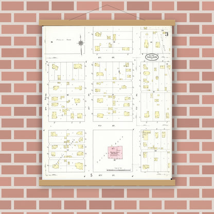 Old map wall art mockup — magnetic wood frame on brick wall — Sanborn Fire Insurance Map from Sheldon, O'Brien County, Iowa (1909), Sheet #0003