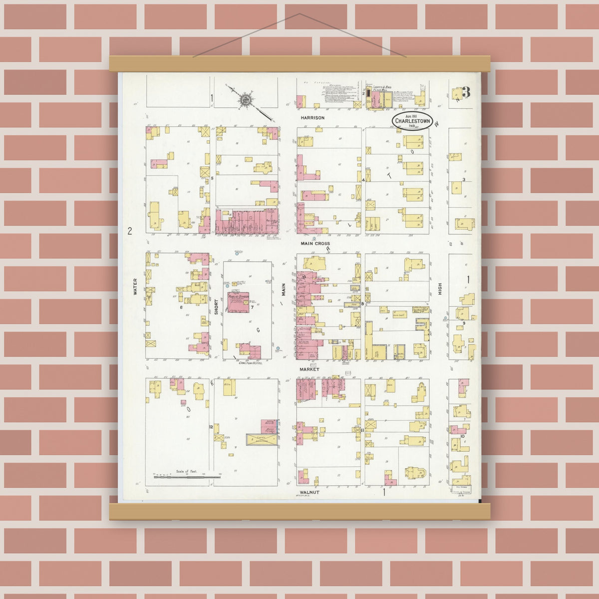 Old map wall art mockup — magnetic wood frame on brick wall — Sanborn Fire Insurance Map from Charlestown, Clark County, Indiana (1911), Sheet #0003