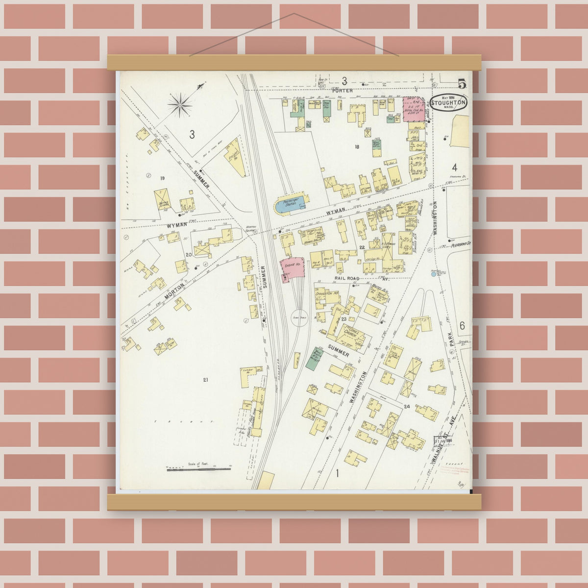 Old map wall art mockup — magnetic wood frame on brick wall — Sanborn Fire Insurance Map from Stoughton, Norfolk County, Massachusetts (1896), Sheet #0005
