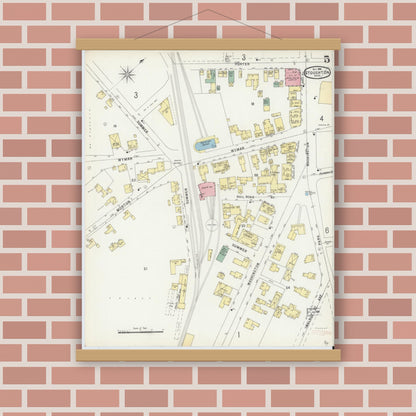 Old map wall art mockup — magnetic wood frame on brick wall — Sanborn Fire Insurance Map from Stoughton, Norfolk County, Massachusetts (1896), Sheet #0005