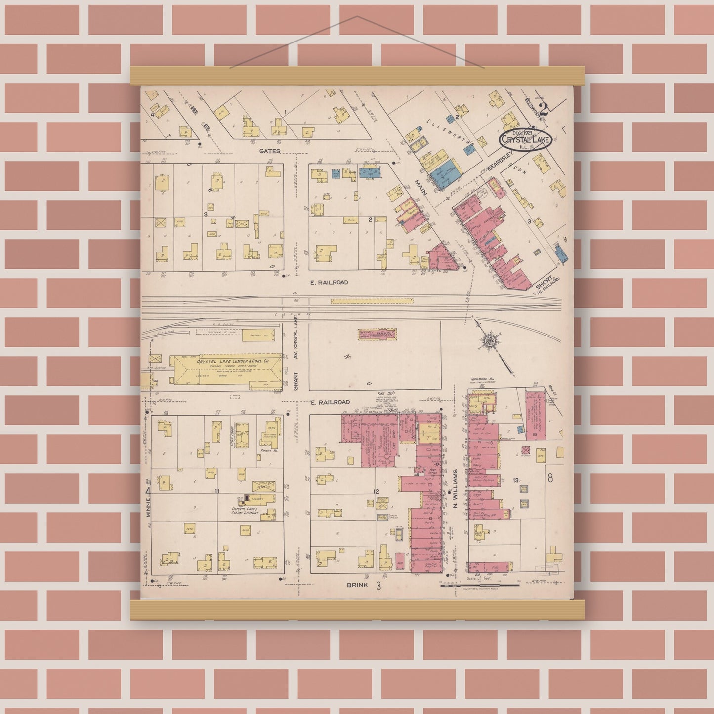 Old map wall art mockup — magnetic wood frame on brick wall — Sanborn Fire Insurance Map from Crystal Lake, McHenry County, Illinois (1921), Sheet #0002
