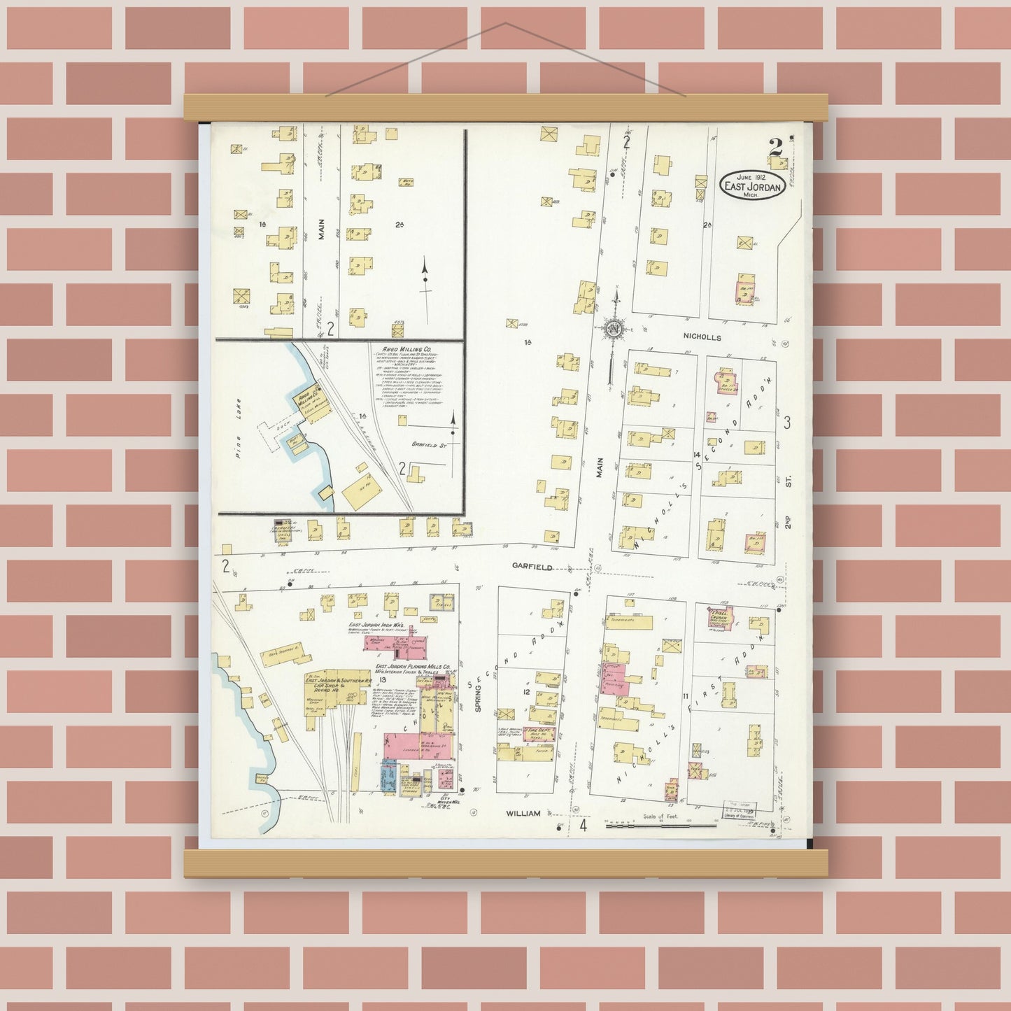 Old map wall art mockup — magnetic wood frame on brick wall — Sanborn Fire Insurance Map from East Jordan, Charlevoix County, Michigan (1912), Sheet #0002