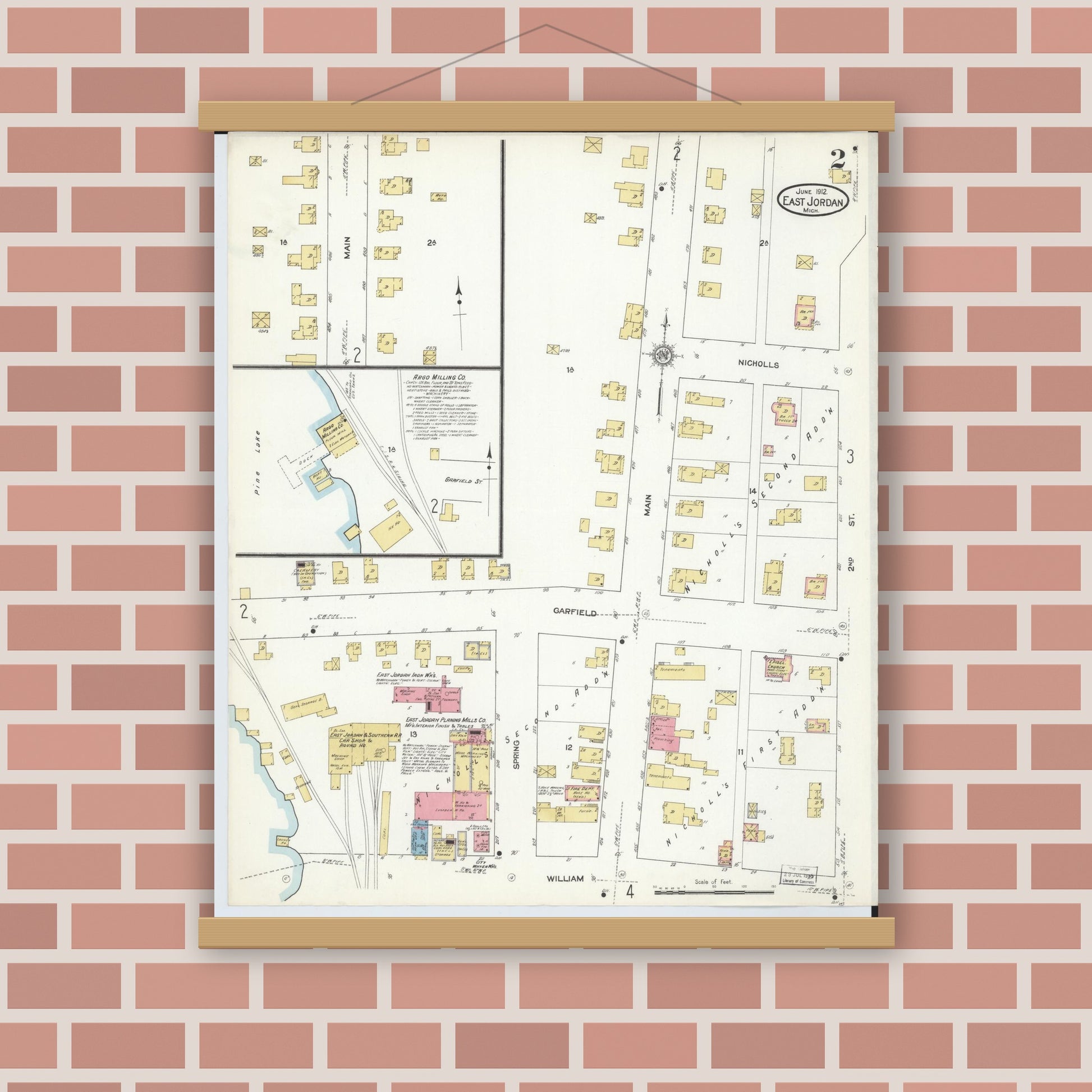Old map wall art mockup — magnetic wood frame on brick wall — Sanborn Fire Insurance Map from East Jordan, Charlevoix County, Michigan (1912), Sheet #0002