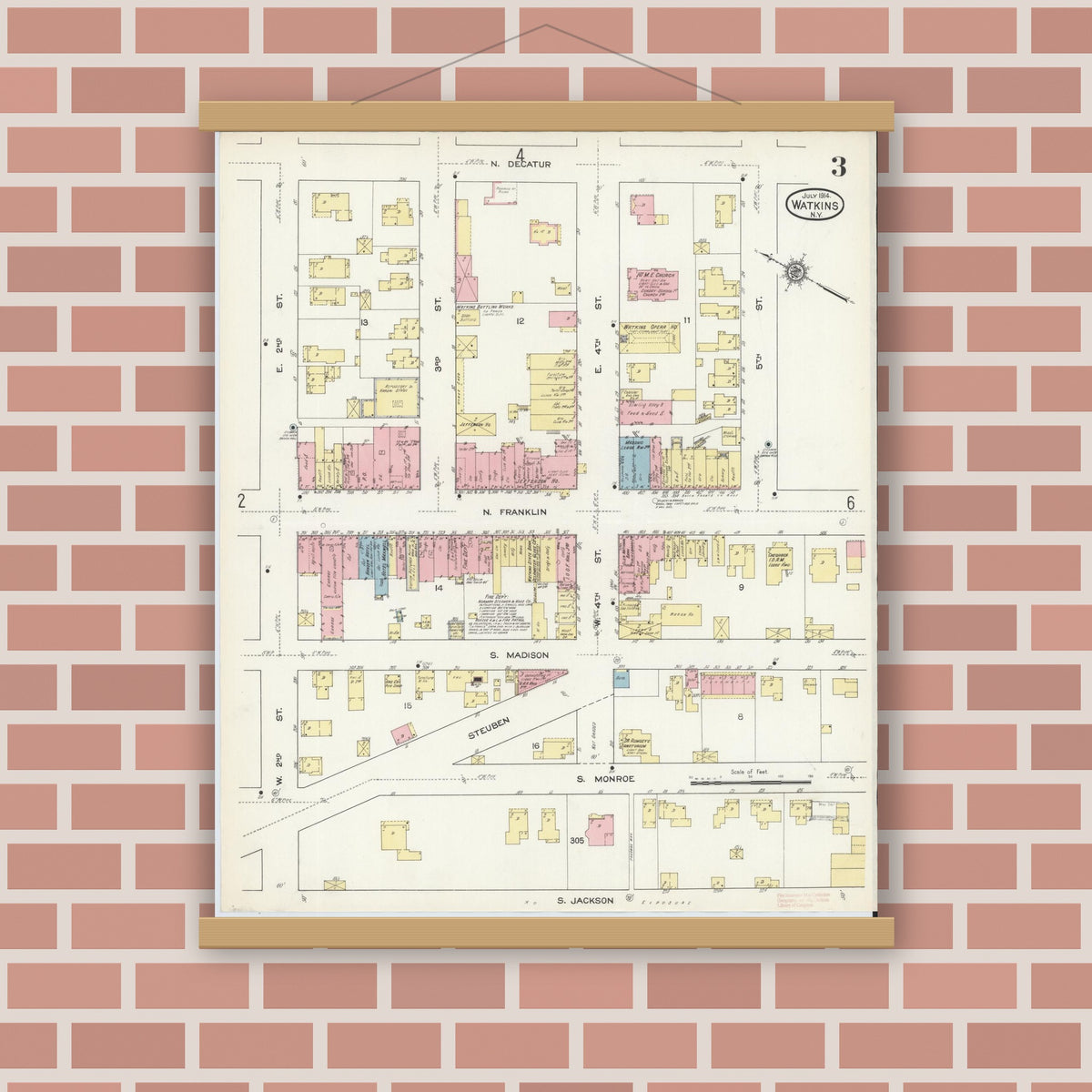 Old map wall art mockup — magnetic wood frame on brick wall — Sanborn Fire Insurance Map from Watkins Glen, Schuyler County, New York (1914), Sheet #0003