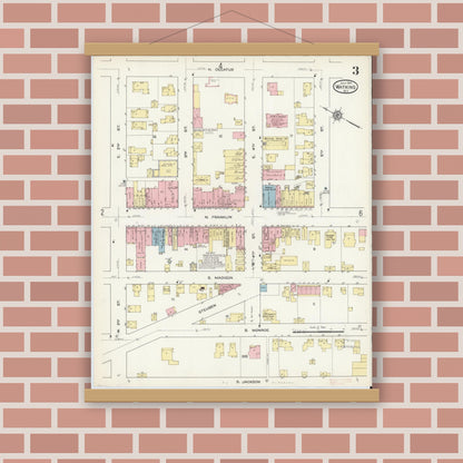 Old map wall art mockup — magnetic wood frame on brick wall — Sanborn Fire Insurance Map from Watkins Glen, Schuyler County, New York (1914), Sheet #0003