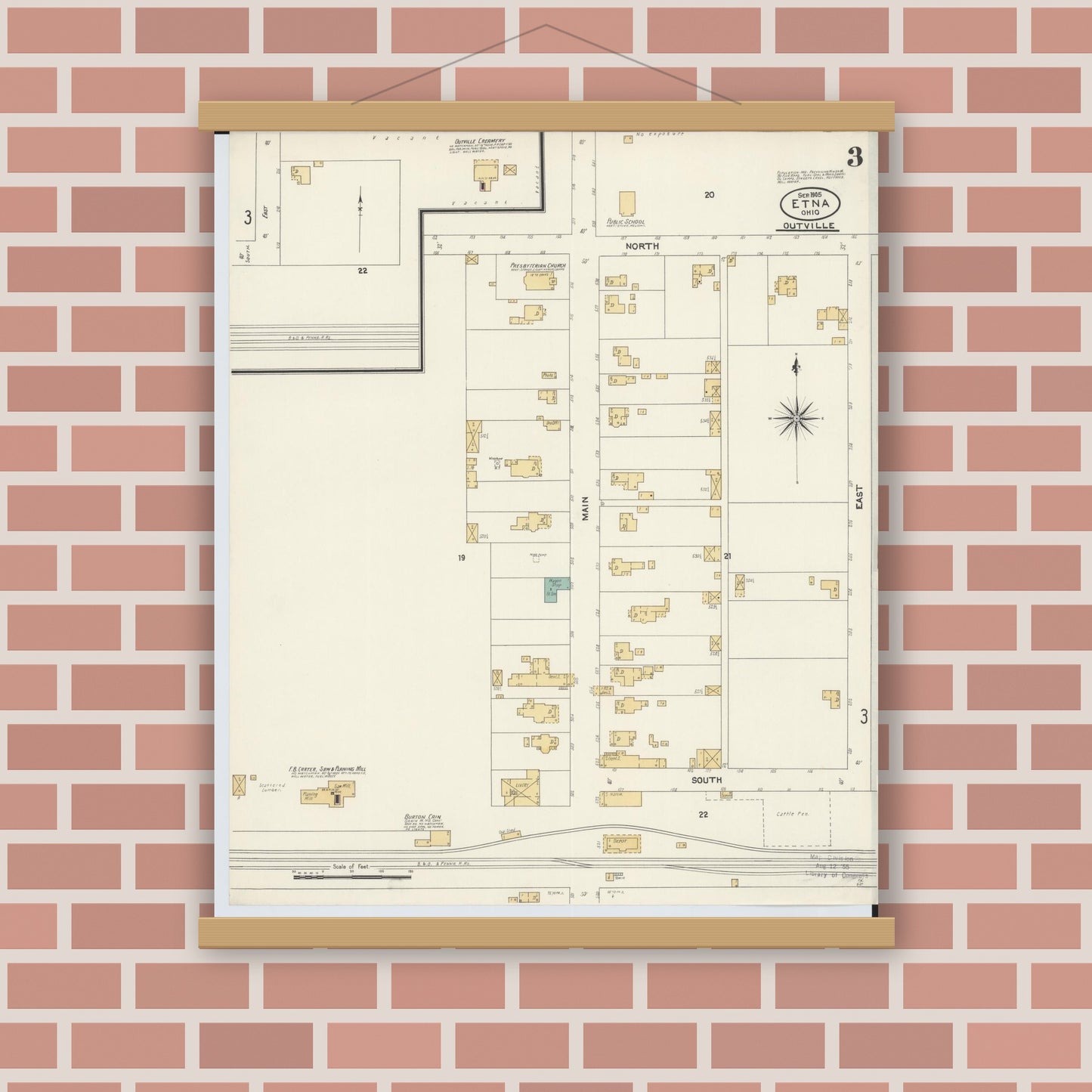 Old map wall art mockup — magnetic wood frame on brick wall — Sanborn Fire Insurance Map from Etna, Luking County, Ohio (1905), Sheet #0003