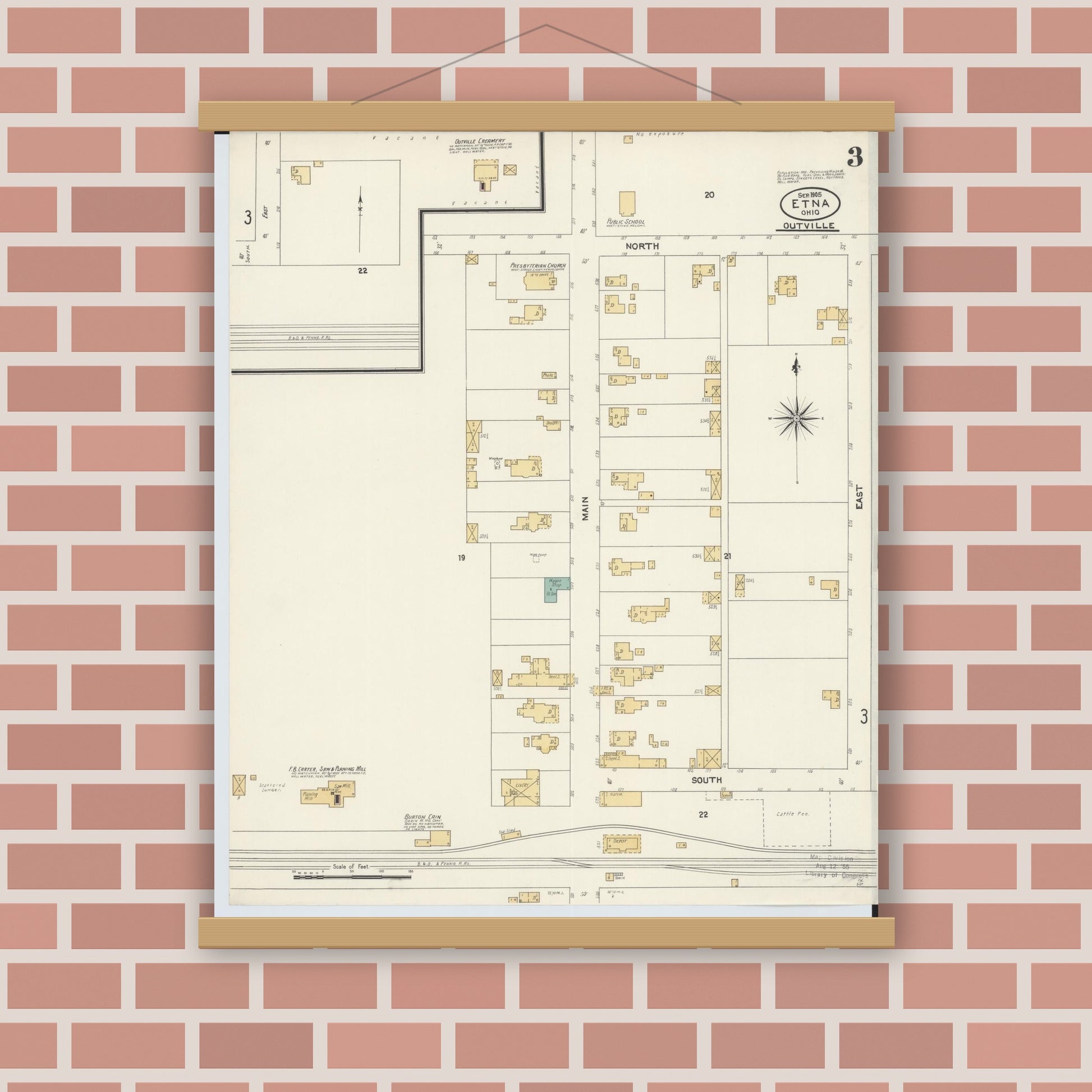 Old map wall art mockup — magnetic wood frame on brick wall — Sanborn Fire Insurance Map from Etna, Luking County, Ohio (1905), Sheet #0003