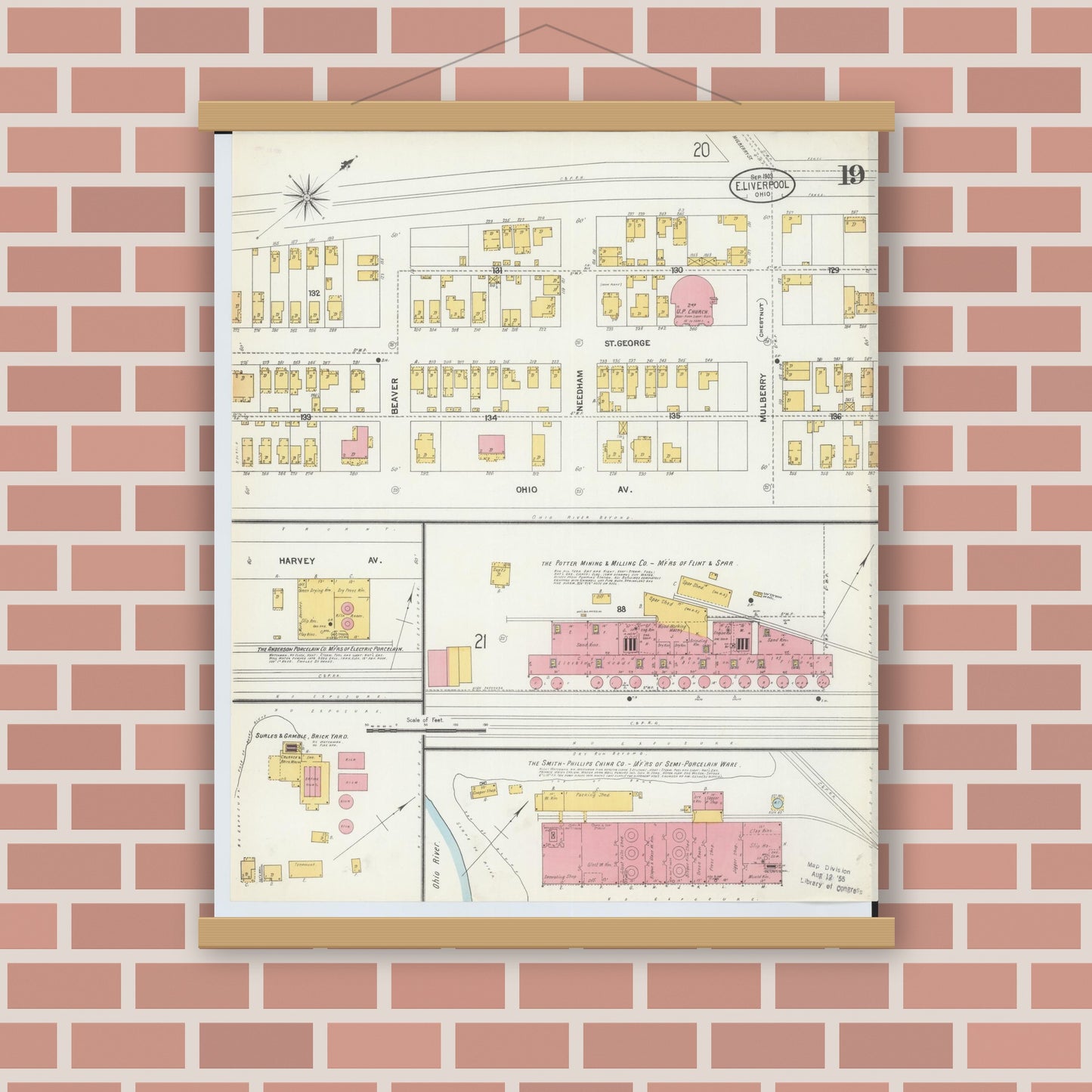 Old map wall art mockup — magnetic wood frame on brick wall — Sanborn Fire Insurance Map from East Liverpool, Columbiana County, Ohio (1903), Sheet #0019