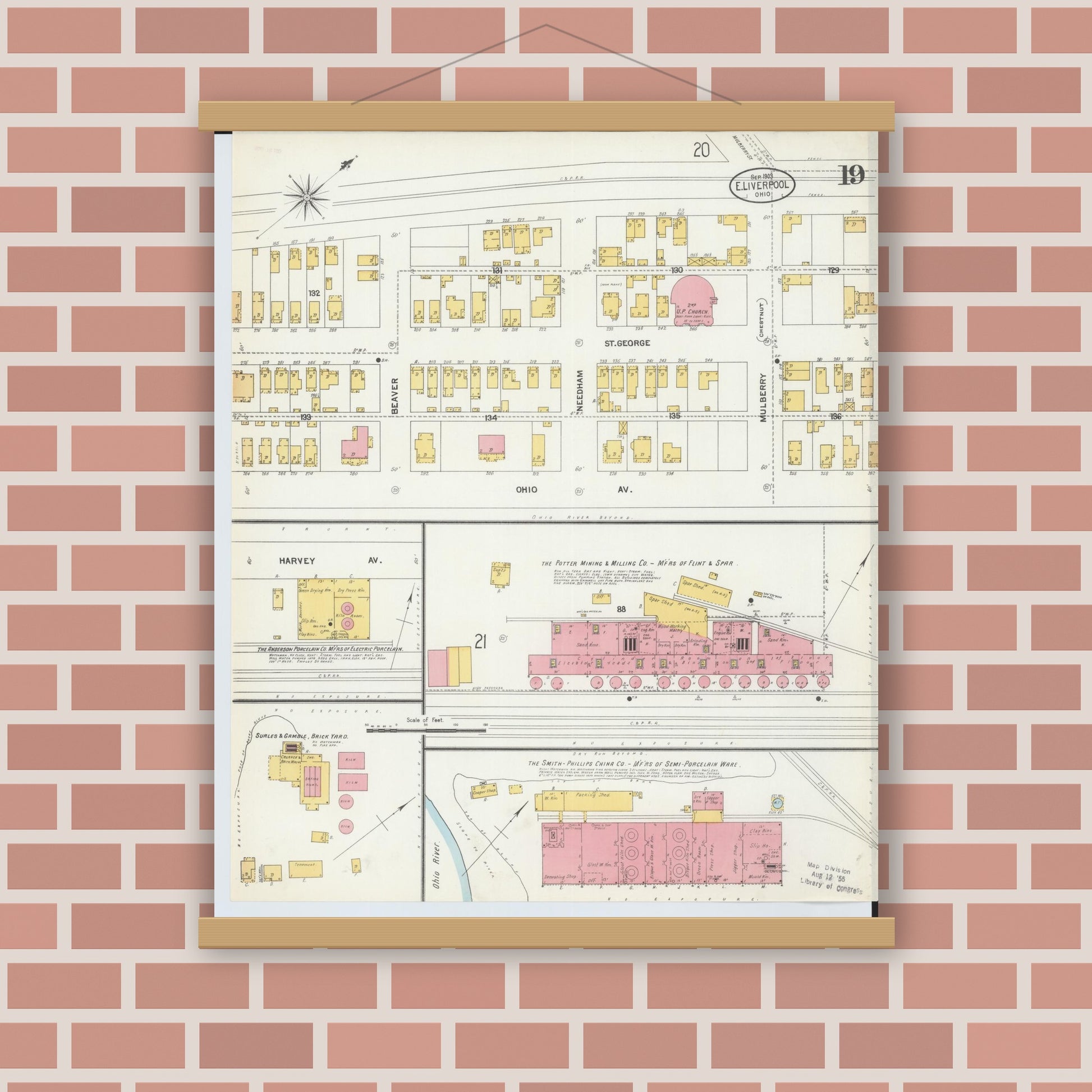 Old map wall art mockup — magnetic wood frame on brick wall — Sanborn Fire Insurance Map from East Liverpool, Columbiana County, Ohio (1903), Sheet #0019