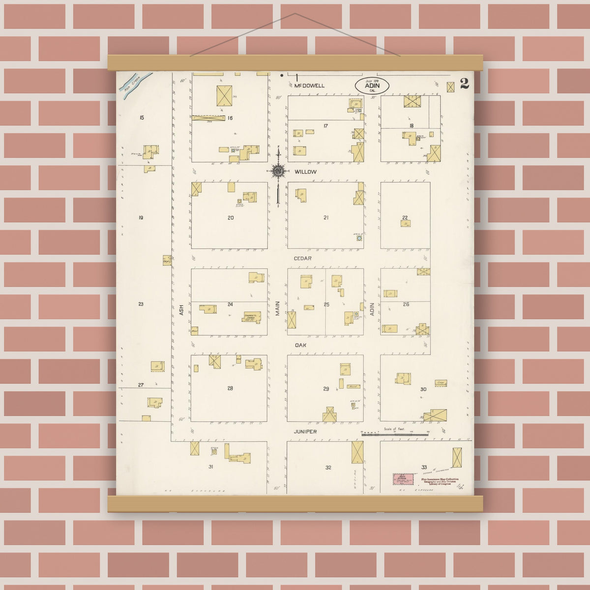 Old map wall art mockup — magnetic wood frame on brick wall — Sanborn Fire Insurance Map from Adin, Modoc County, California (1912), Sheet #0002