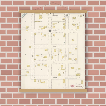 Old map wall art mockup — magnetic wood frame on brick wall — Sanborn Fire Insurance Map from Adin, Modoc County, California (1912), Sheet #0002