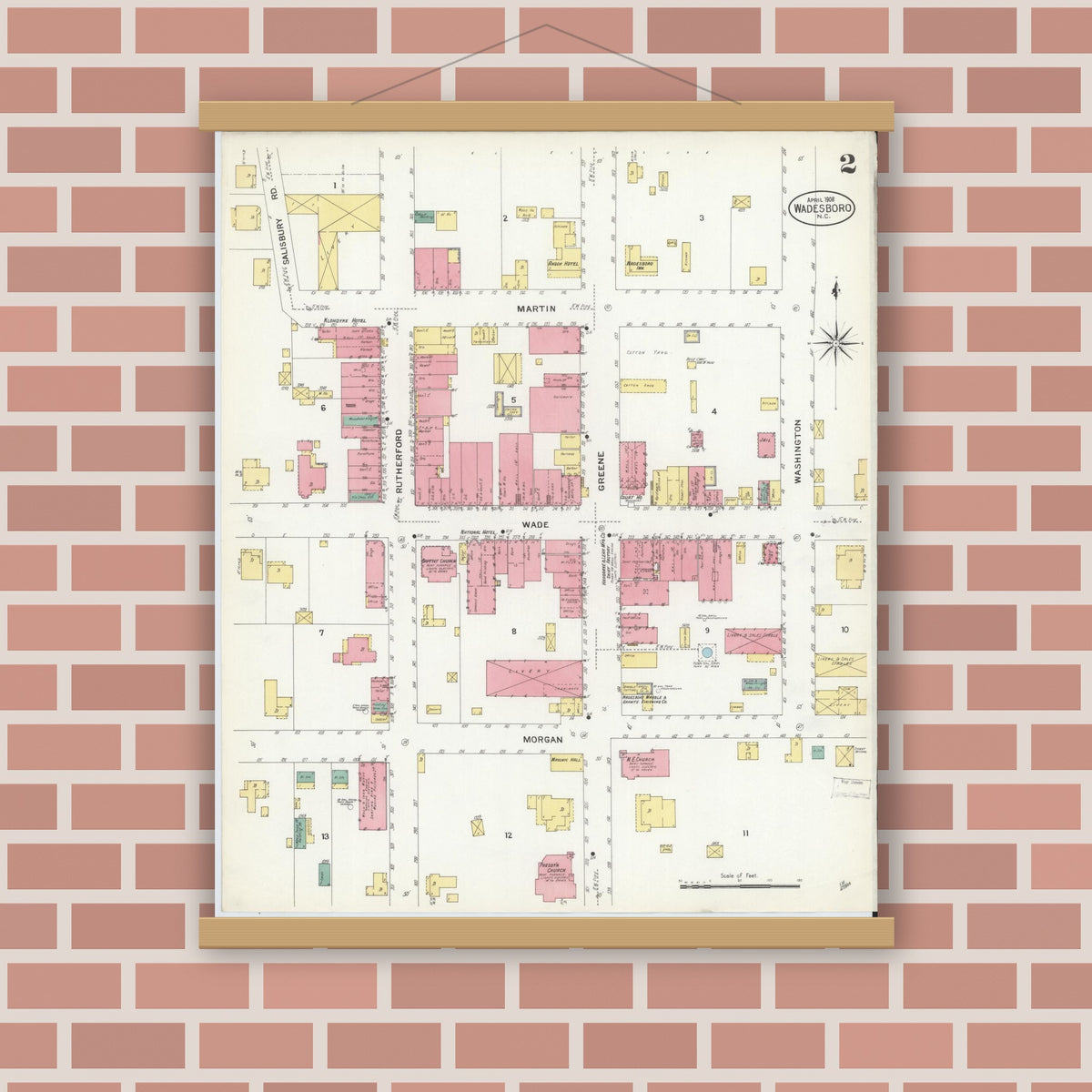 Old map wall art mockup — magnetic wood frame on brick wall — Sanborn Fire Insurance Map from Wadesboro, Anson County, North Carolina (1908), Sheet #0002