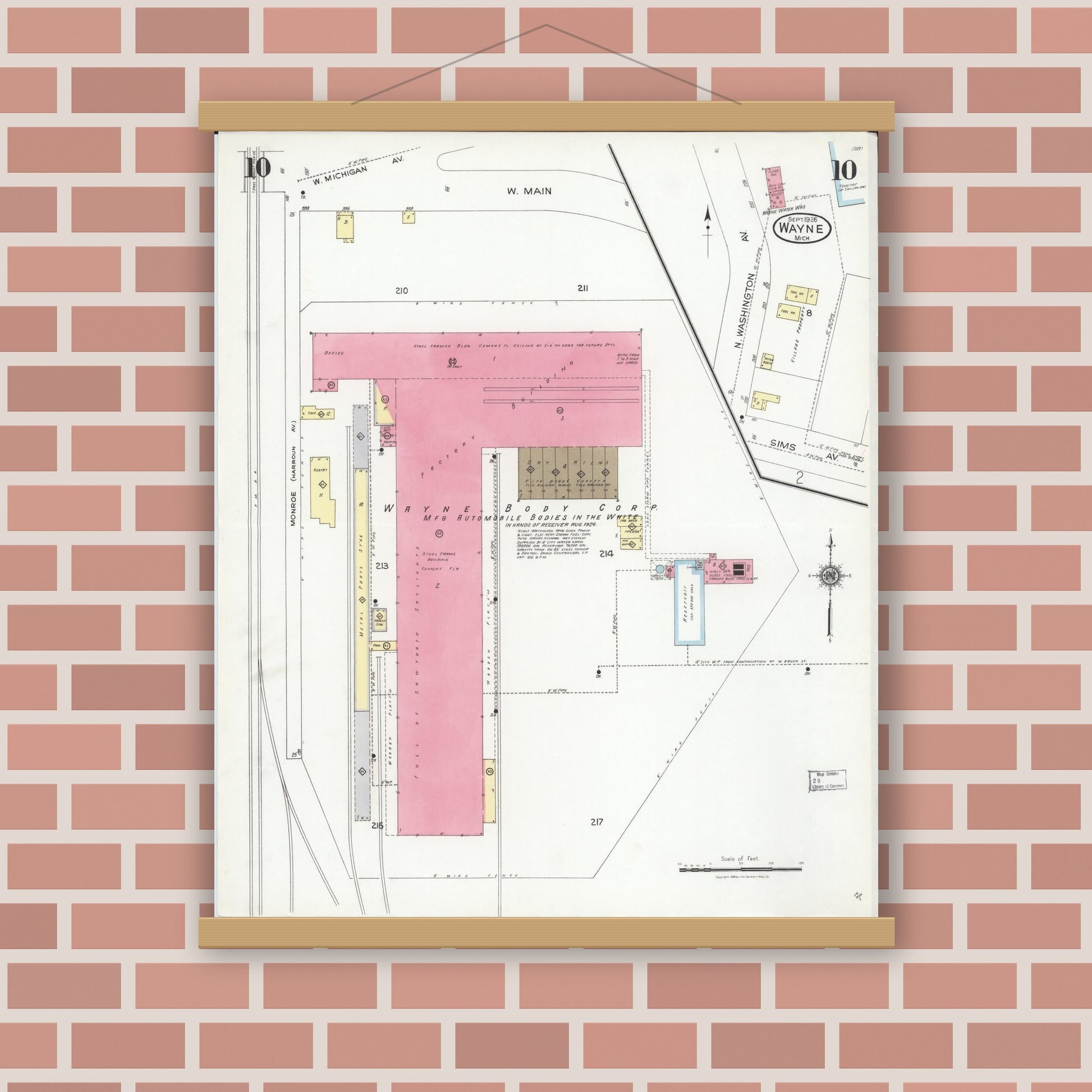 Old map wall art mockup — magnetic wood frame on brick wall — Sanborn Fire Insurance Map from Wayne, Wayne County, Michigan (1926), Sheet #0010