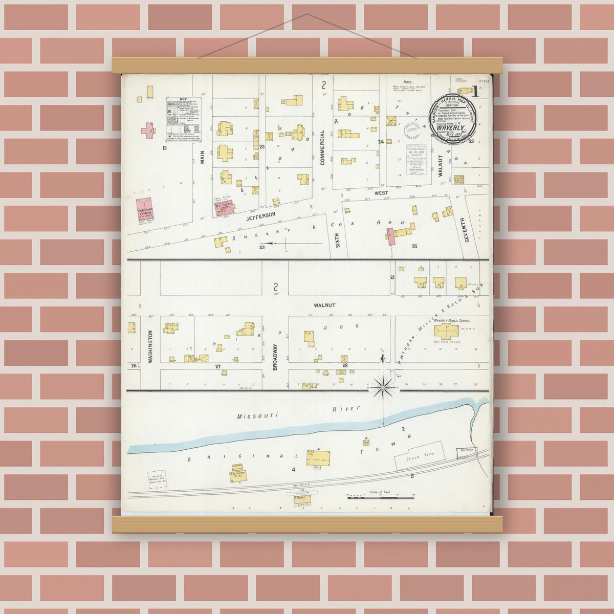 Old map wall art mockup — magnetic wood frame on brick wall — Sanborn Fire Insurance Map from Waverly, Lafayette County, Missouri (1900) - Complete Map Set