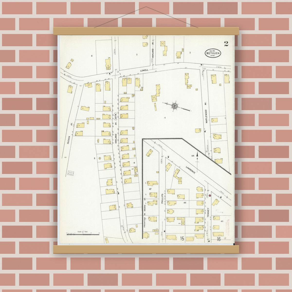 Old map wall art mockup — magnetic wood frame on brick wall — Sanborn Fire Insurance Map from Methuen, Essex County, Massachusetts (1911), Sheet #0002