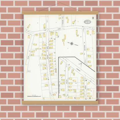 Old map wall art mockup — magnetic wood frame on brick wall — Sanborn Fire Insurance Map from Methuen, Essex County, Massachusetts (1911), Sheet #0002