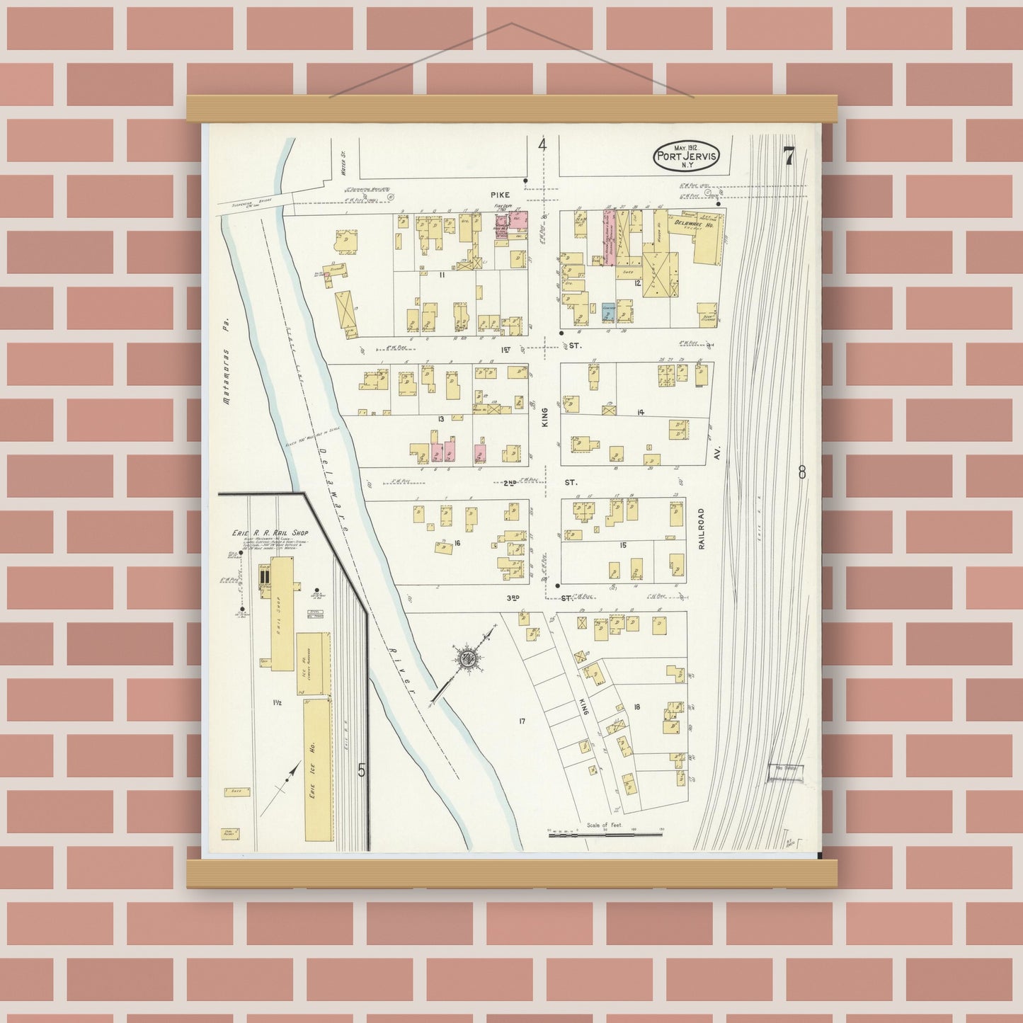 Old map wall art mockup — magnetic wood frame on brick wall — Sanborn Fire Insurance Map from Port Jervis, Orange County, New York (1912), Sheet #0007