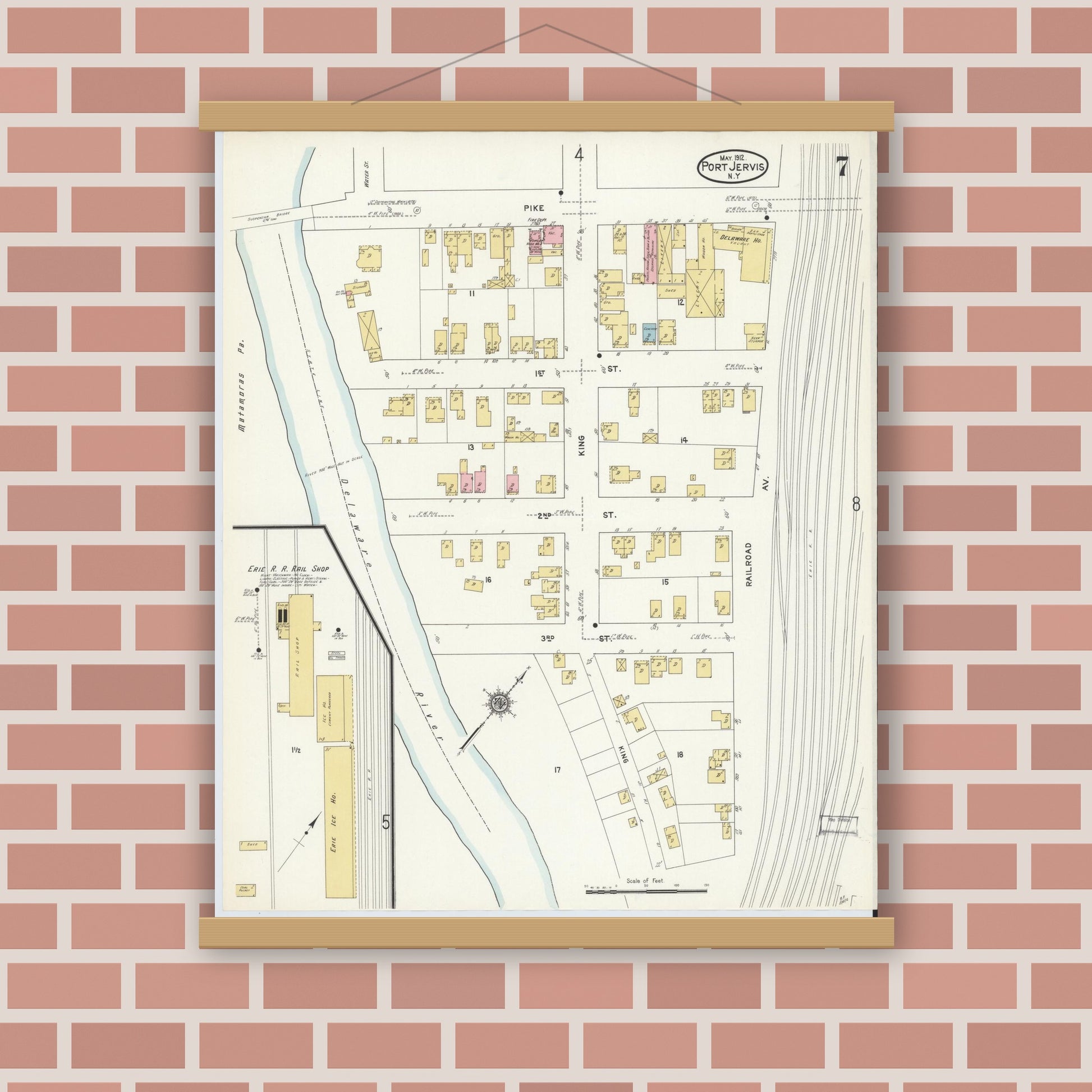 Old map wall art mockup — magnetic wood frame on brick wall — Sanborn Fire Insurance Map from Port Jervis, Orange County, New York (1912), Sheet #0007