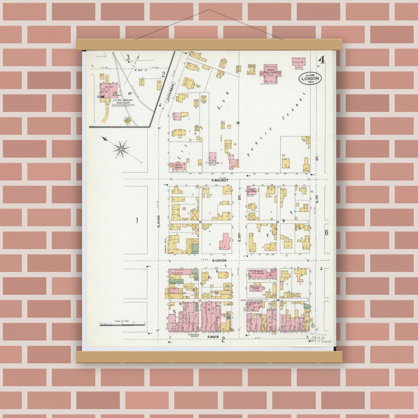 Old map wall art mockup — magnetic wood frame on brick wall — Sanborn Fire Insurance Map from London, Madison County, Ohio (1901), Sheet #0004