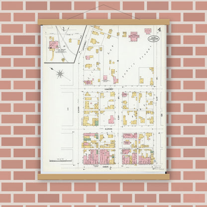 Old map wall art mockup — magnetic wood frame on brick wall — Sanborn Fire Insurance Map from London, Madison County, Ohio (1901), Sheet #0004