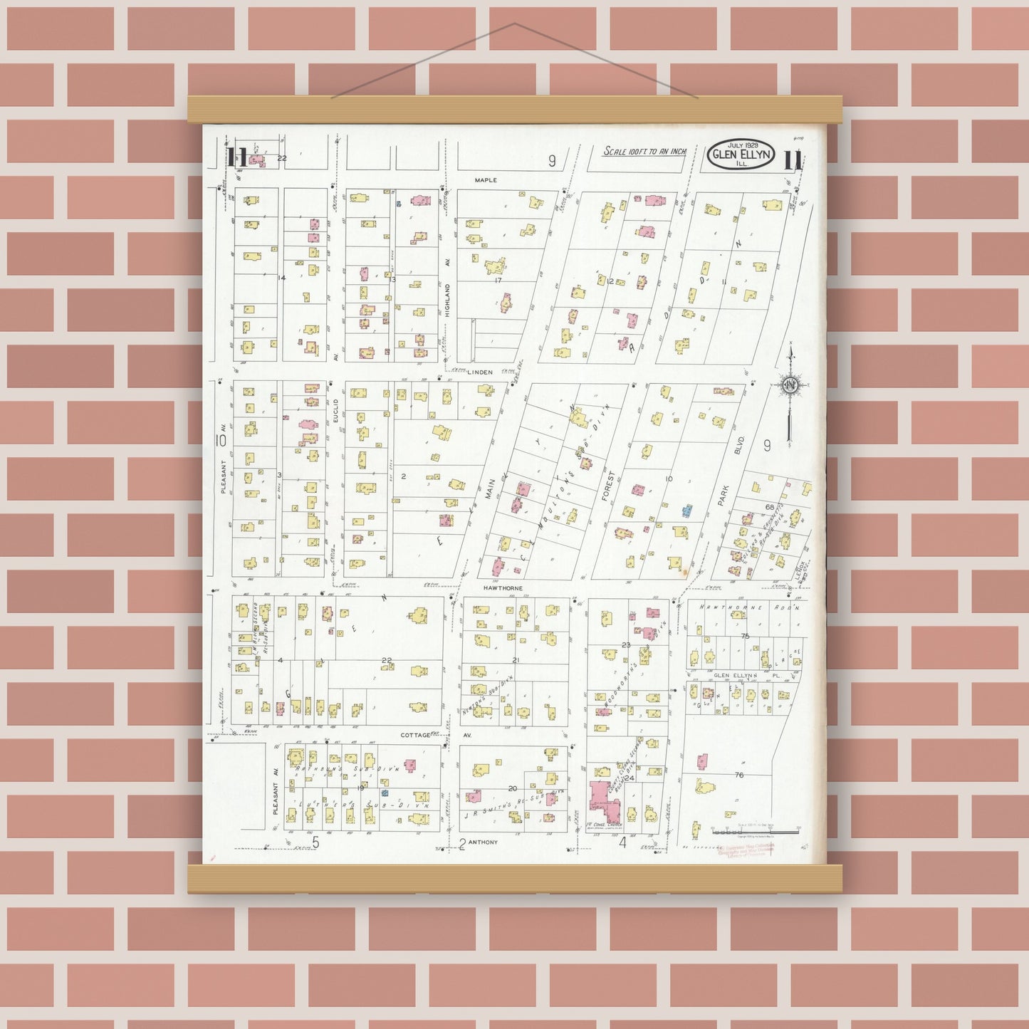 Old map wall art mockup — magnetic wood frame on brick wall — Sanborn Fire Insurance Map from Glen Ellyn, Du Page County, Illinois (1929), Sheet #0011