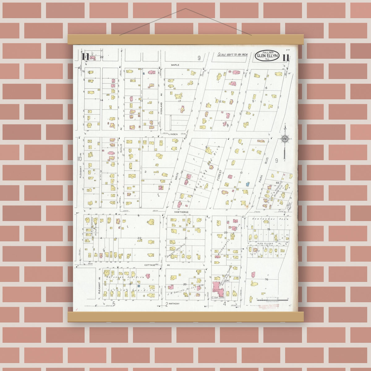 Old map wall art mockup — magnetic wood frame on brick wall — Sanborn Fire Insurance Map from Glen Ellyn, Du Page County, Illinois (1929), Sheet #0011