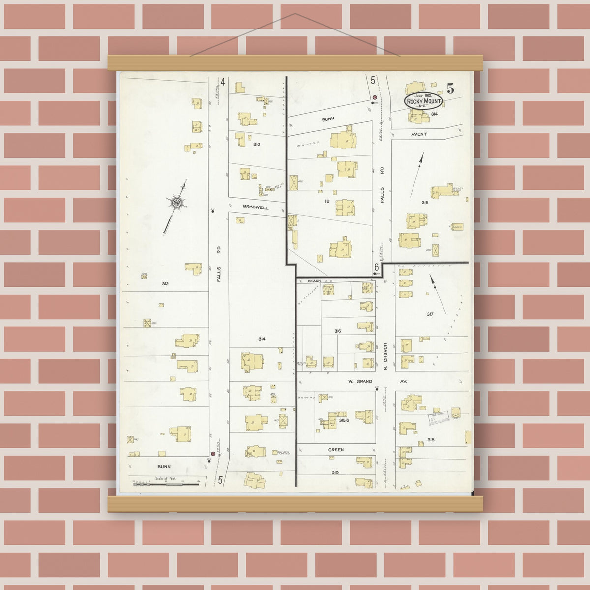 Old map wall art mockup — magnetic wood frame on brick wall — Sanborn Fire Insurance Map from Rocky Mount, Edgecombe And Nash Counties, North Carolina (1912), Sheet #0005