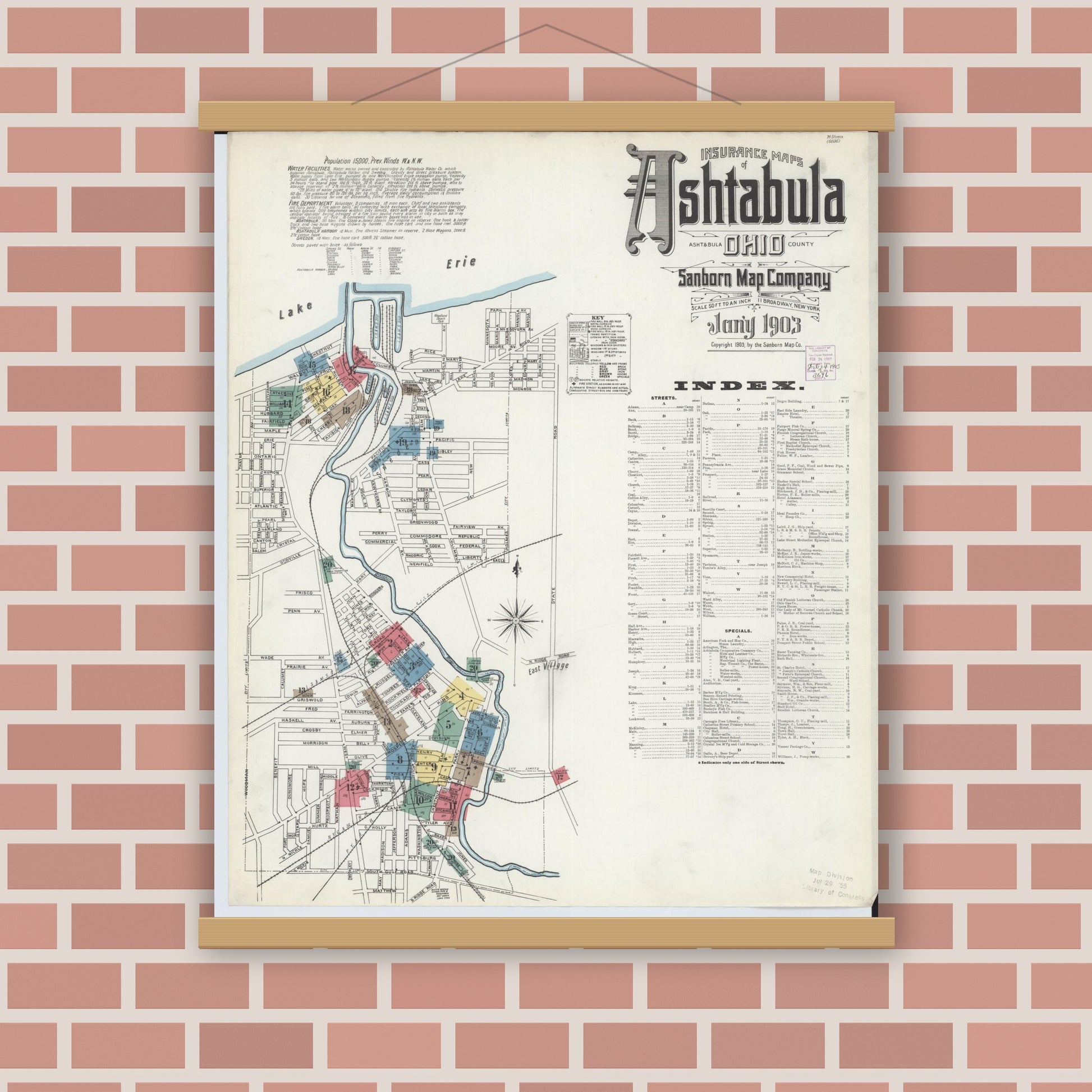 Old map wall art mockup — magnetic wood frame on brick wall — Sanborn Fire Insurance Map from Ashtabula, Ashtabula County, Ohio (1903) - Complete Map Set